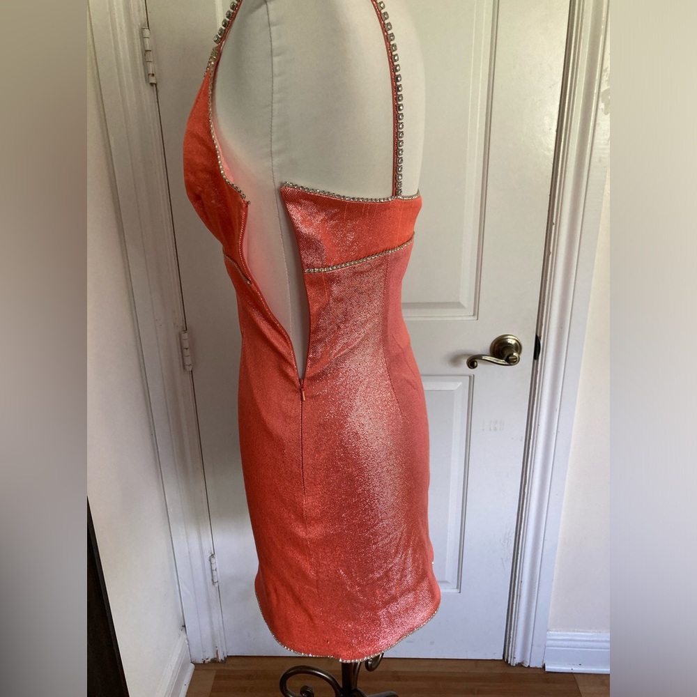 AREA Mini Dress in Crystals Embellished Trim & Metallic Coral - Picture 16 of 16